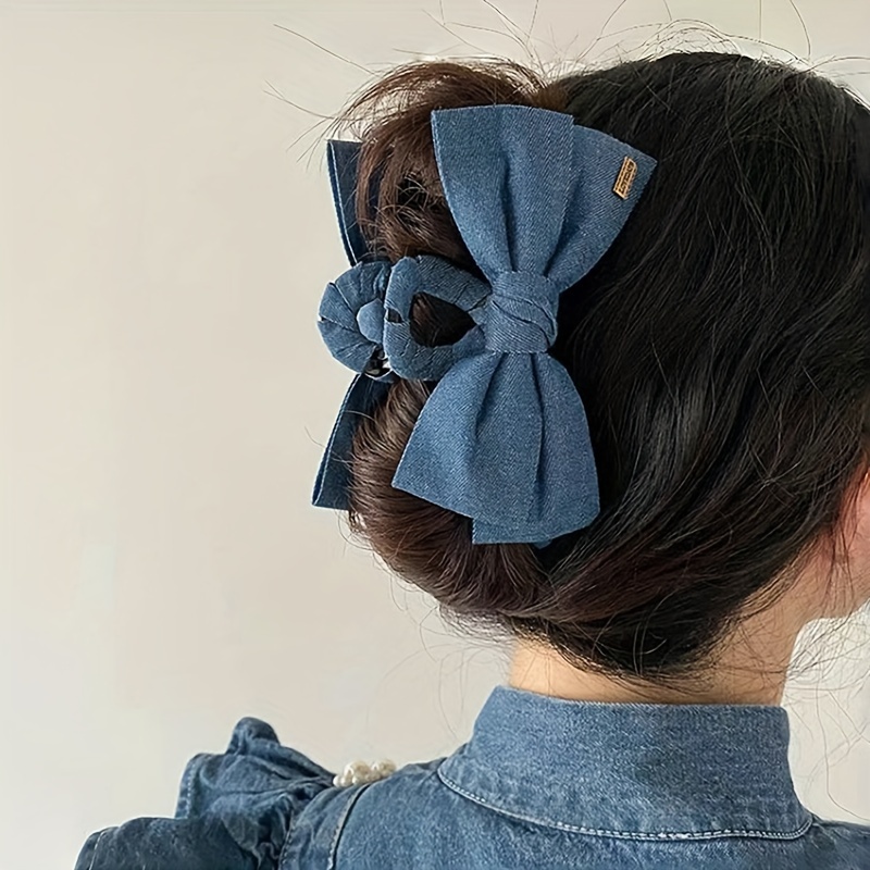 

Elegant Denim Bow Hair Claw - Vintage-inspired Resin Ponytail Holder For Women, Casual Attire