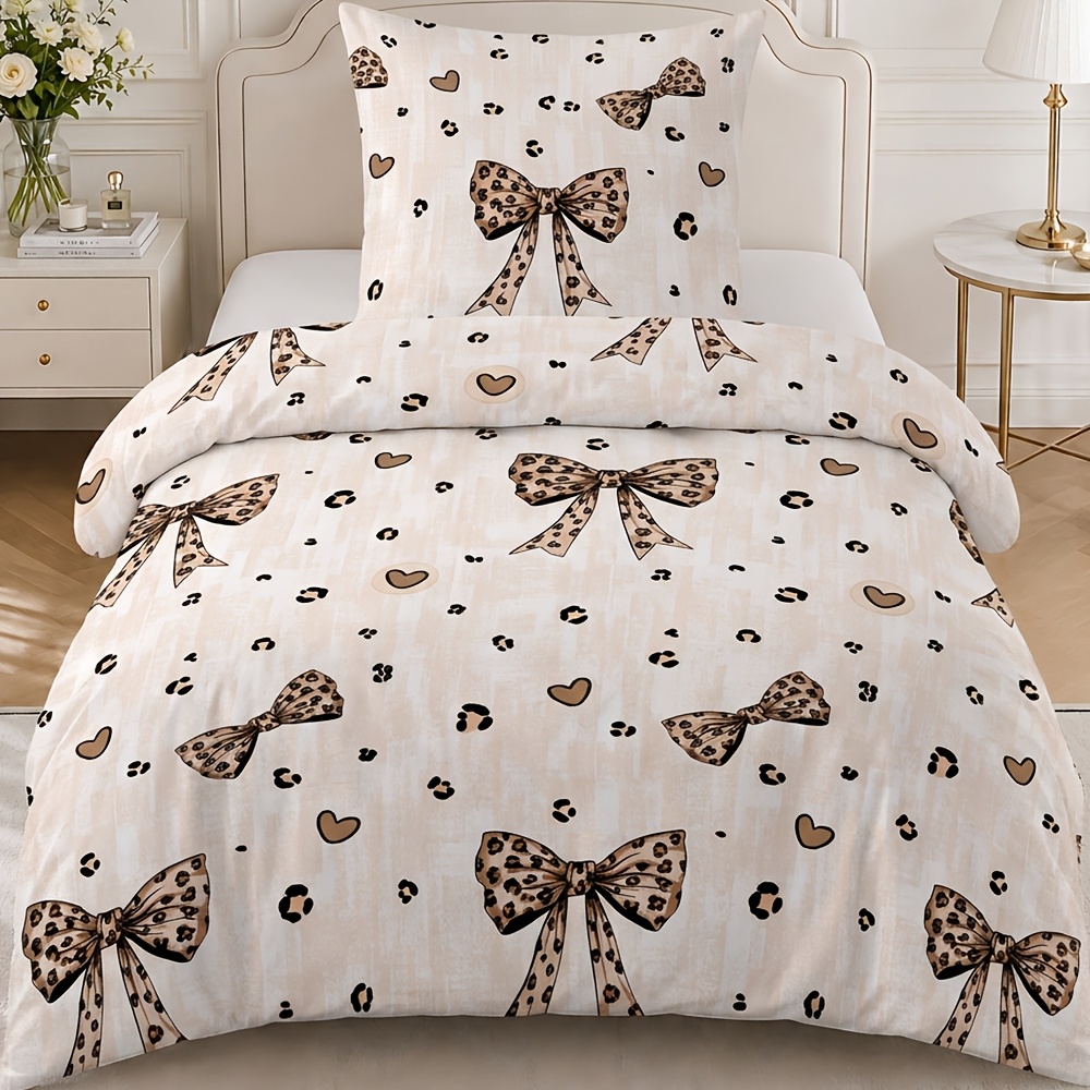 TEMU 2pcs 135 X 200 155 X 220 Bed Cover Set 80 X 80 Pillowcase With Zipper Gray Leopard Bow Duvet Cover Set Bedding For Allergy Sufferers Winter