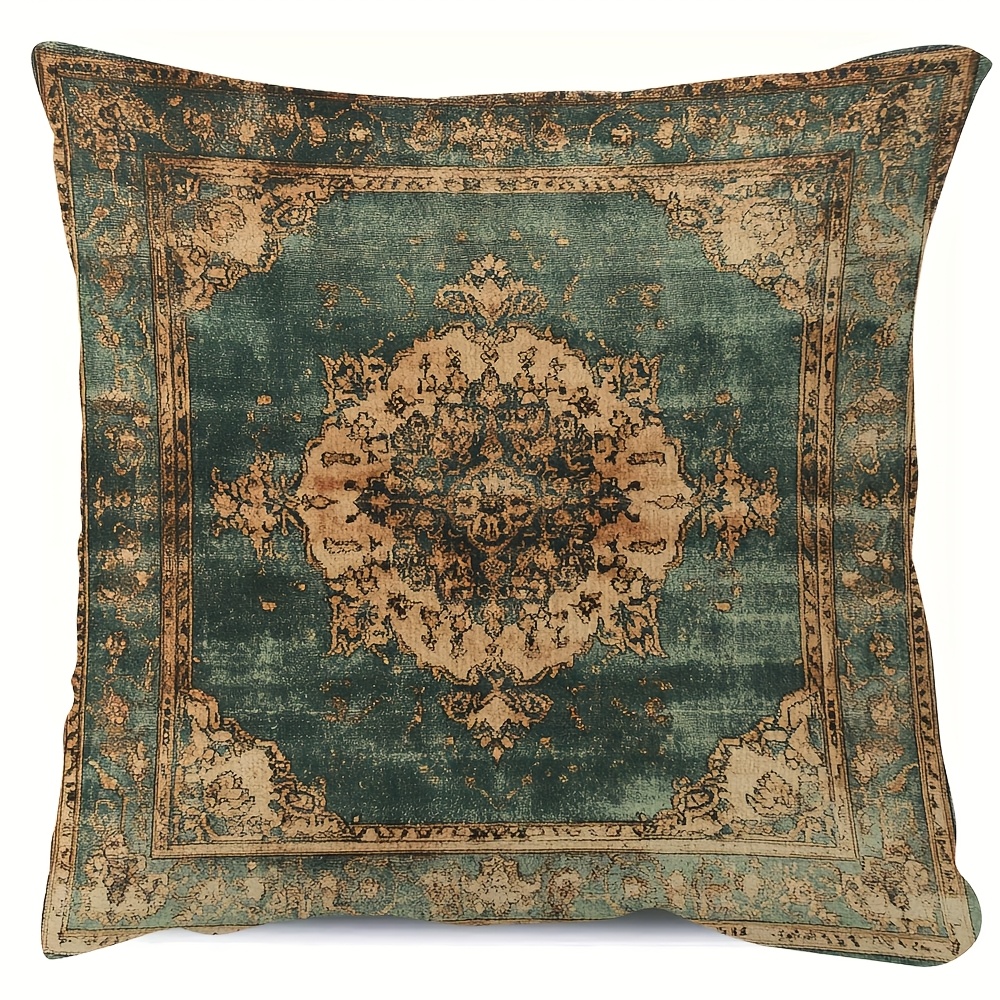 TEMU 1 Double-sided Short Plush Decorative Pillowcase - Vintage Bronze Green Matte Persian Print, Traditional Vintage Style 16x16 Inches For Sofa,