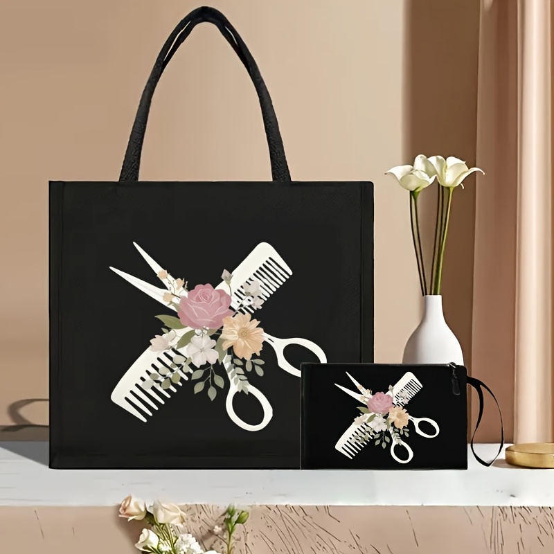TEMU 2pcs Set Hairdresser Floral Scissors Design Pattern Printed Beauty Tote Bag Set, 2pcs Women's Combination Handbag, Lightweight Large Capacity