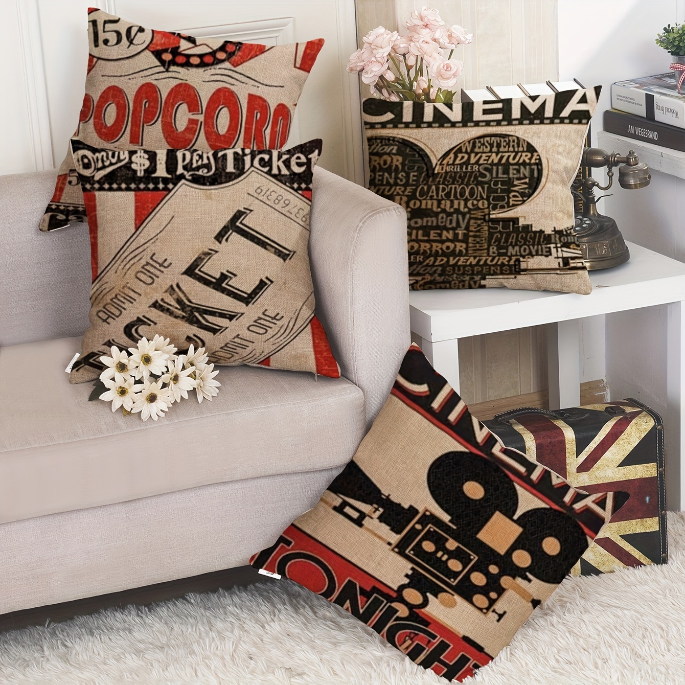 

Contemporary Throw Pillow Covers 4-pack, Vintage Movie Theme Decorative Linen Cushion Cases, Soft & Skin-friendly, Zipper Closure, Machine Washable, For Home, Bedroom, Living Room, Sofa – 18x18 Inches