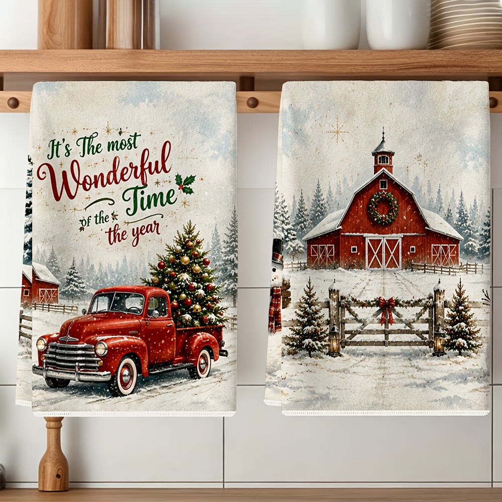 TEMU 2pcs Set Christmas Kitchen Towels, Truck Barn Snowy Pattern Absorbent , Housewarming Gift, Suitable For Holiday Table Decoration, Bathroom