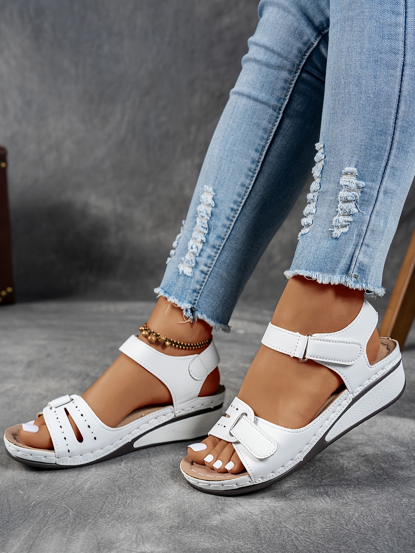   womens beige wedge sandals comfortable open toe platform shoes with adjustable ankle strap perforated design for   casual summer fashion strappy sandals Product details 13