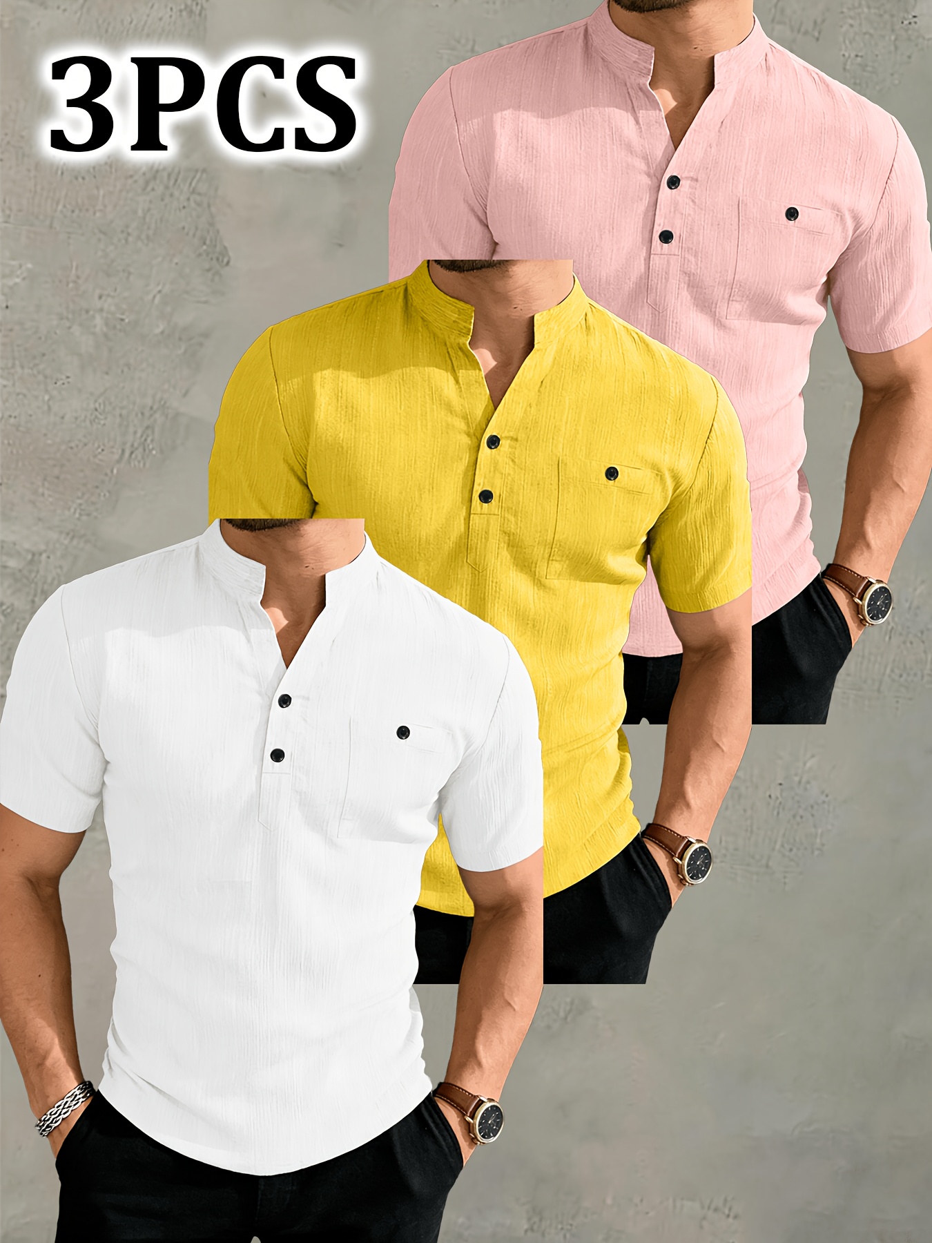 JOSHIMAY Obm 3pcs Set Men'S High Quality Summer Short Sleeve Henley Shirt T-Shirt Men'S Clothing Top, Suitable for Golf Outdoor Camping Fishing And Daily Casual Wear