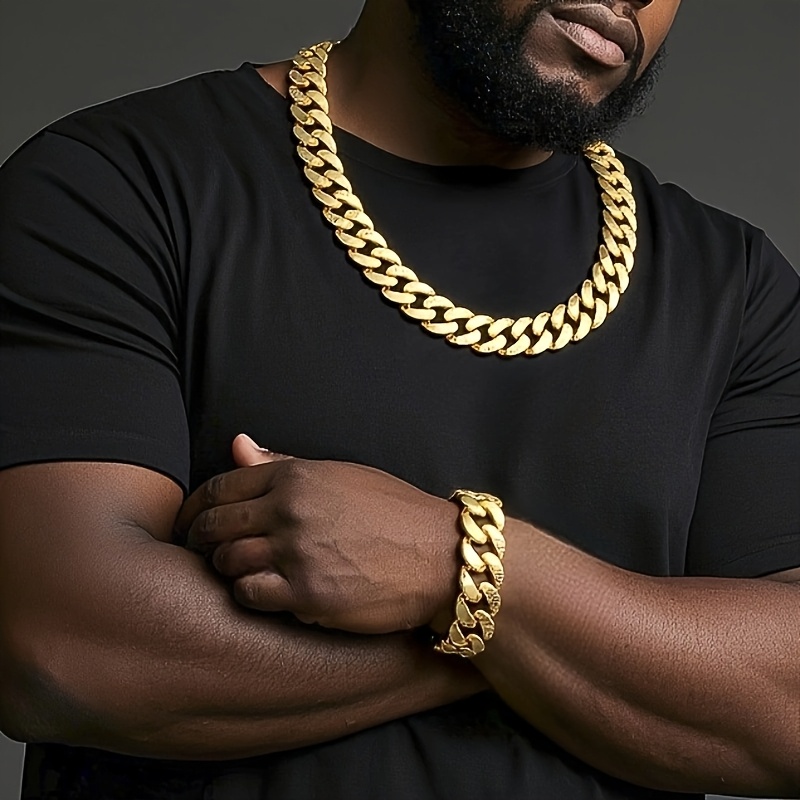 E-shop Klassisches Hip-Hop 2-teiliges Cuban Link Armband und Halskette Set, für Casual Outfits & Partys – Elegantes Schmuckgeschenk für Männer und