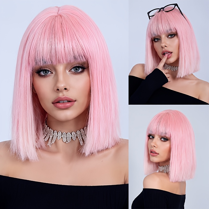TEMU Perruque Sakura Pastel 14 Pouces avec Frange pour Femmes, Perruque Synthétique Courte et Droite Style Y2K, Résistante à la Chaleur, Douce et
