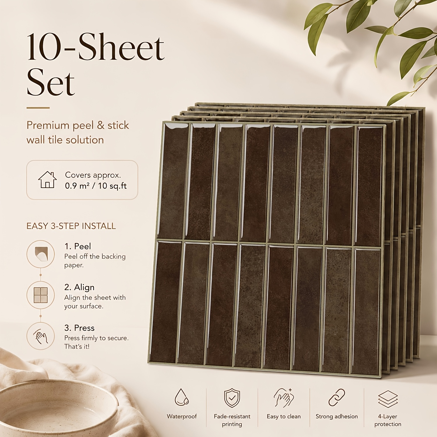 TEMU SHINYHOME Tasseaux Adhésifs Peel and Stick, 10 Feuilles de 11,8"x11,8" - Carreaux Muraux Adhésifs 3D Imperméables pour Cuisine, Salle de Bain,