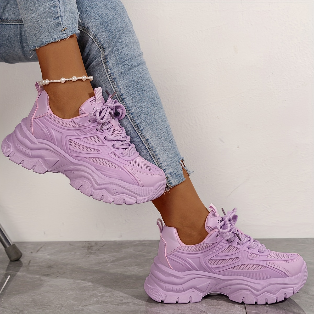 Women's Mesh Chunky Sneakers, Stylish Solid Color Low Shoes, Casual  Outdoor Walking Trainers