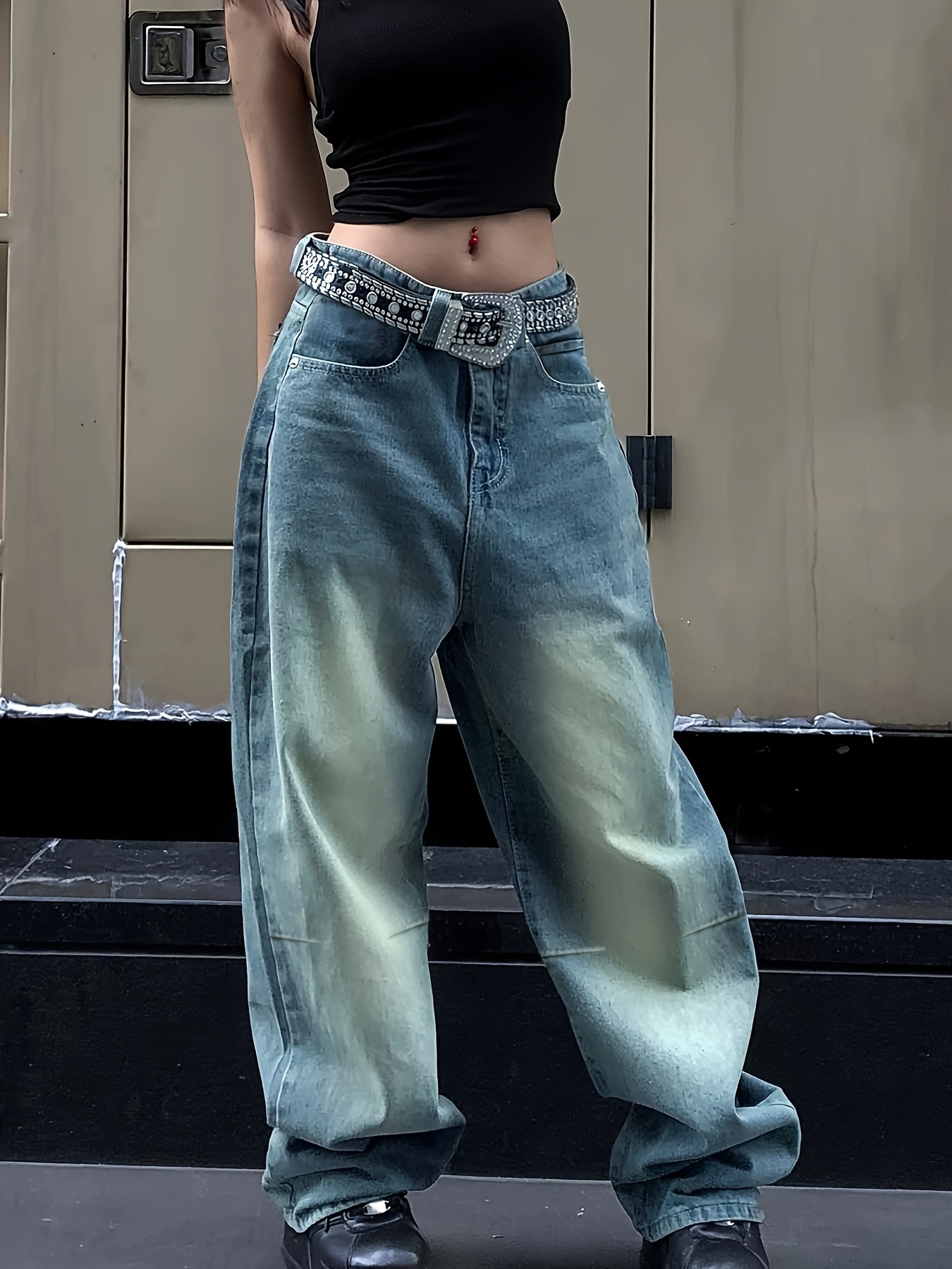 Jean Baggy Pour Femme - Jean Boyfriend - Jambes Larges - Baggy - Pantalon Ample - Vintage - Pantalon Cargo - Pantalon à Enfiler - Pantalon Harajuku E Girl Streetwear, Bleu Clair, M