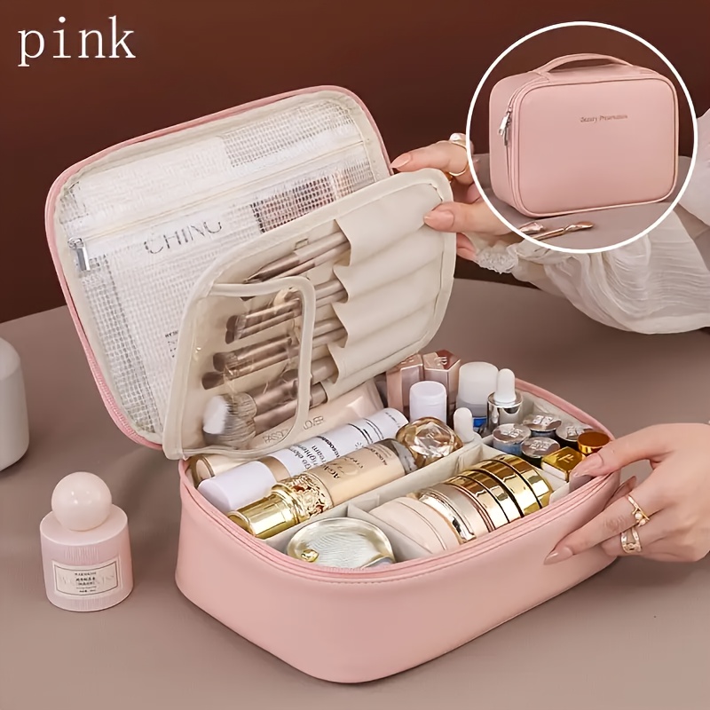large-capacity multi-tier cosmetic organizer case with detachable brush storage - synthetic leather-like texture makeup bag with golden-tone hardware, beige & black travel beauty storage box with multiple compartments & top opening - unisex portable organizer for  ,   makeup organizer for daily use or travel, durable & stylish design with golden-tone hardware & zippered closure, makeup organizers and storage, colorful cosmetic bag, Product details 6