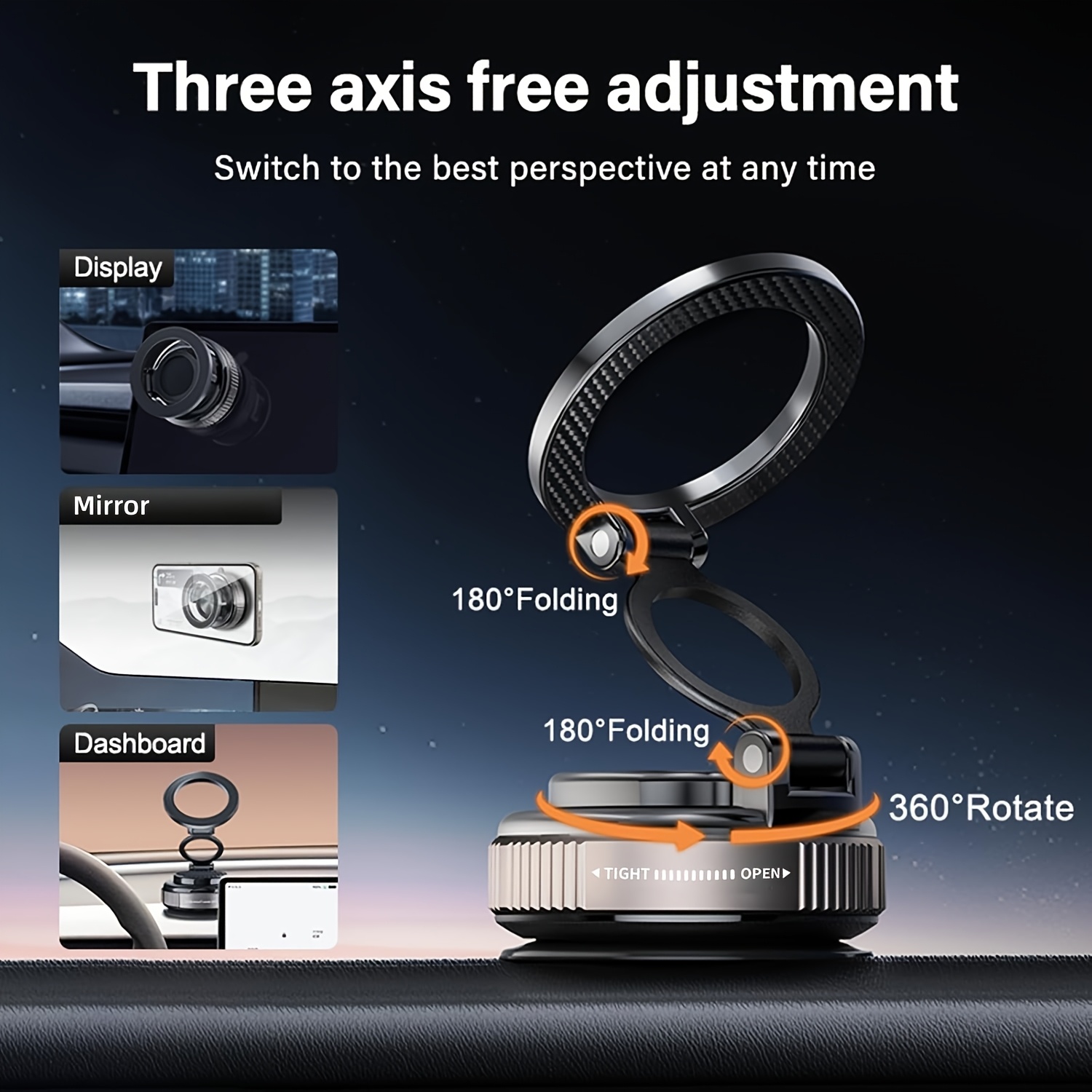 360° Rotating Phone Holder, Foldable Retractable Car Mount, Strong Suction Vacuum Base, Compatible with All Phone Models
