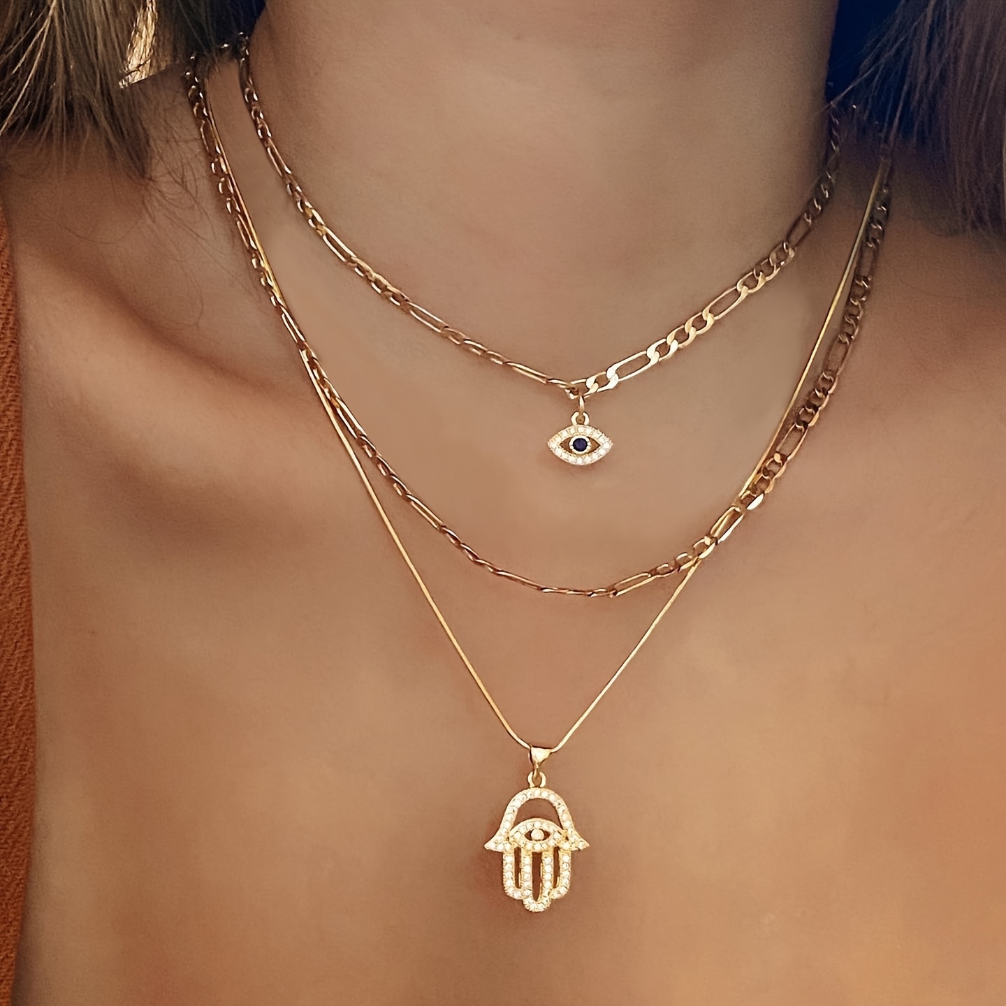 E-shop Einfacher böser Handfläche Strass Anhänger Mehrschichtige Halskette Damen Date Urlaubsgeschenk Tägliches Matching (Keine Schachtel)