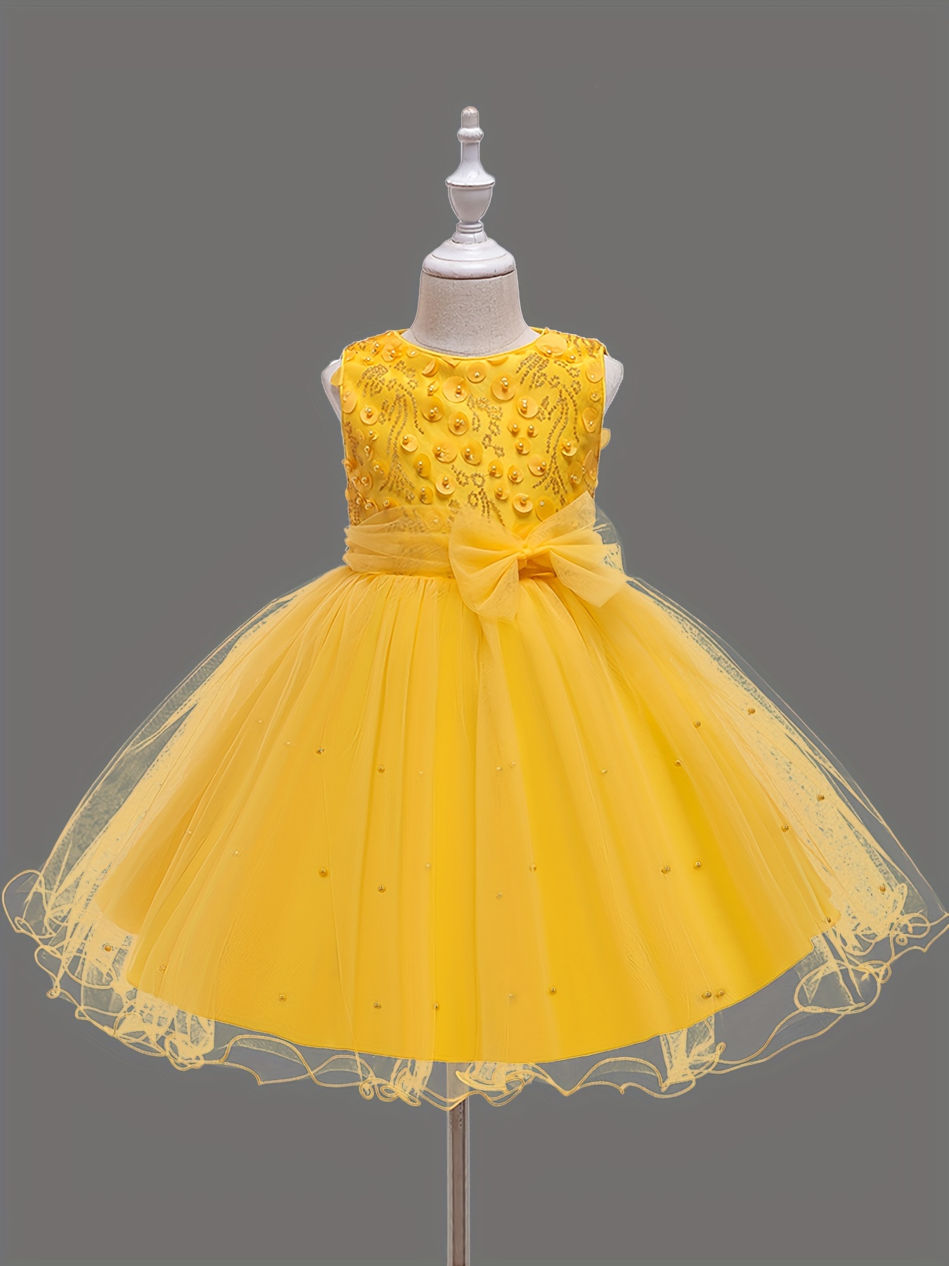 Girls' Yellow Princess Dress, Sleeveless Tulle Puffy Skirt with *-Waist and  Bow, Cute Wedding Gown for Birthday and Party Cele