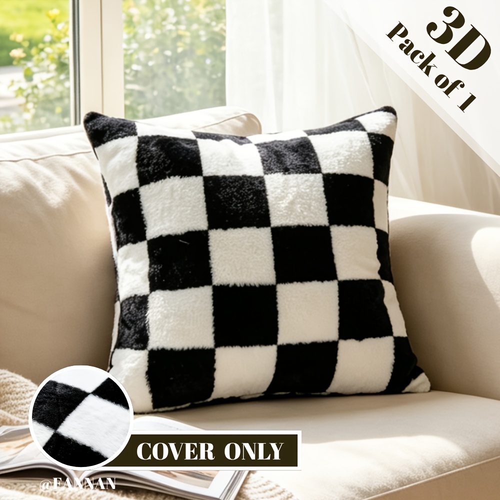Image of 1pc, Black And White Checkered Plush Throw Pillow Covers, Ins Minimalist Modern Sofa Cushion Covers, 18x18/12x20 Inches, Living Room Bedroom Decor, Halloween Decor, Pillow Core Not Included