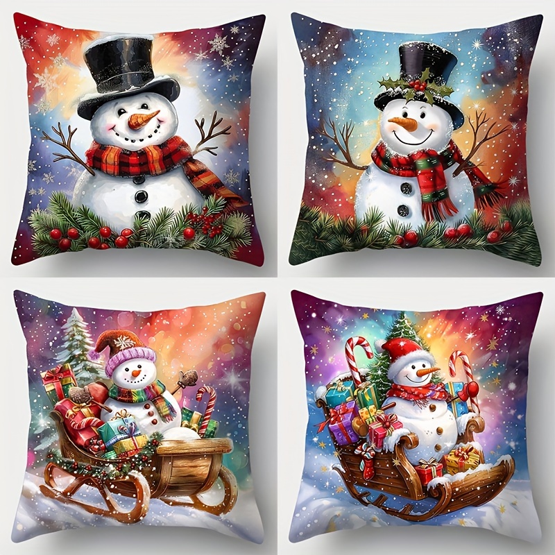 

4pcs Christmas Snowman & Sleighman Throw Pillow Covers Set, 17.7" X 17.7", Soft Polyester, Zip Closure, Hand Wash, Ideal For Sofa & Living Room Decor, Insert Not Included