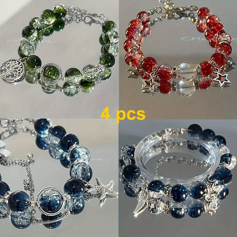 TEMU 4pcs Handmade Leaf Pendant Bead Bracelet In Different Styles, Retro And With Beads And Feather Pendant Jewelry, Adjustable Chain Accessories,