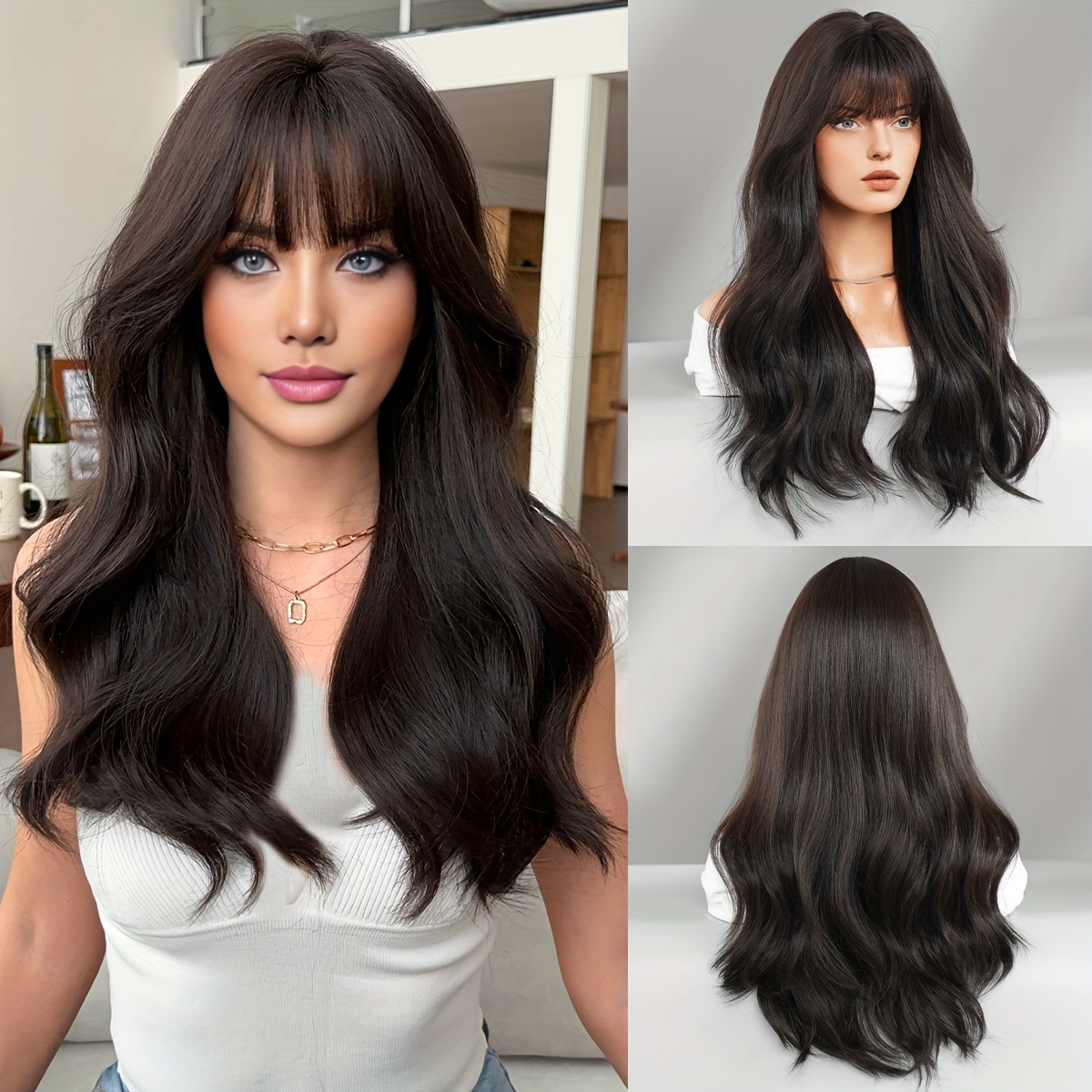 Image of Routine Wigs Long Loose Curly Dark Brown Wigs With Bangs High Density Fluffy Wigs For Women Daily Party Use Heat Resistant Synthetic Wigs 24 Inches