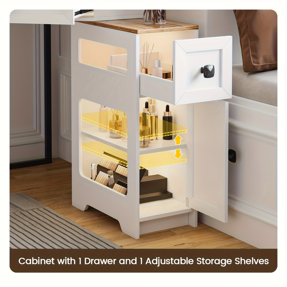 Dystler Corner Vanity With Mirror And Lights, Modern Makeup Vanity Set With Charging Station For Bedroom/Cloakroom, Glass Top Vanity Table With Drawers And Shelves, White