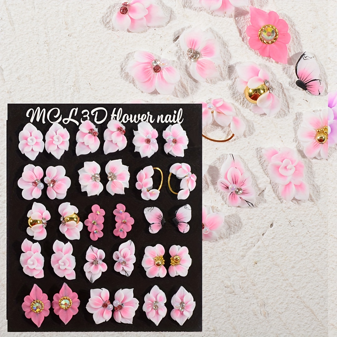 

30pcs/box Handcrafted Floral Nail Charms With Rhinestones, Handmade Acrylic Nail Flower Decoration 3d Hand- Design, 15 Style Diy Nail Jewels Gift For Women And Girls