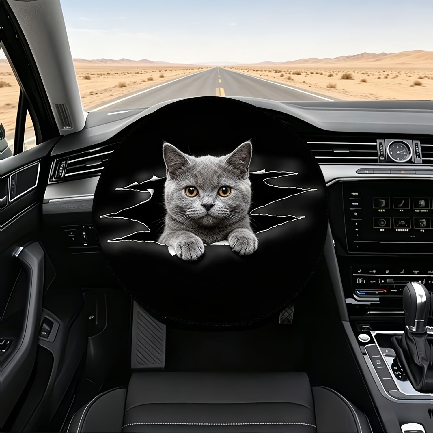 TEMU 1pc 2d Printed Cute Gray Cat Peeking Out Torn Theme Car Steering Wheel Sunshade - Sun Protection To Isolate And Wheel, Sun Shading For Cooling