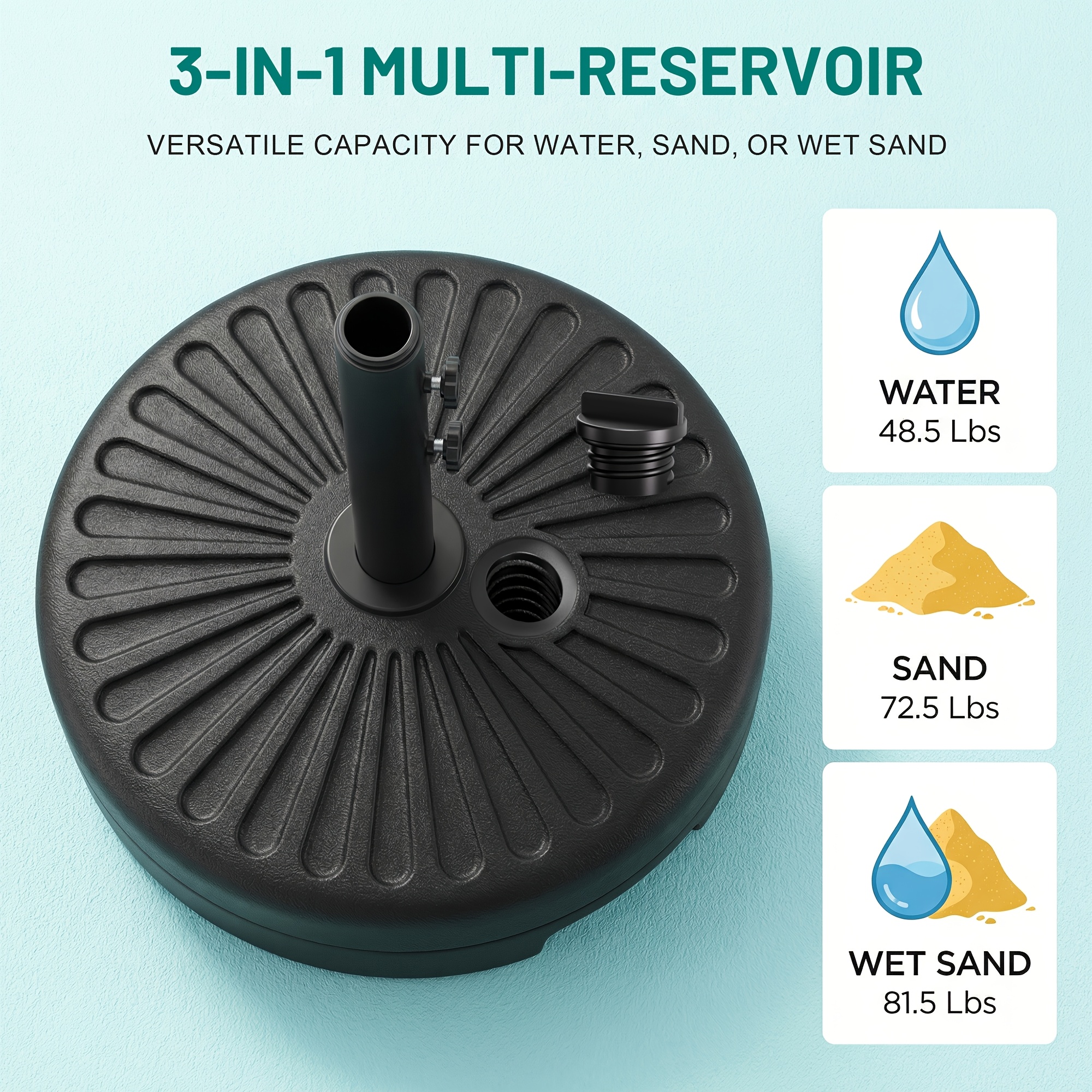 81.5lb Patio Umbrella Base Stand, Water Fillable Outdoor Umbrella Holder, Heavy Duty Market Umbrella Stand for Pool Deck Backyard Garden