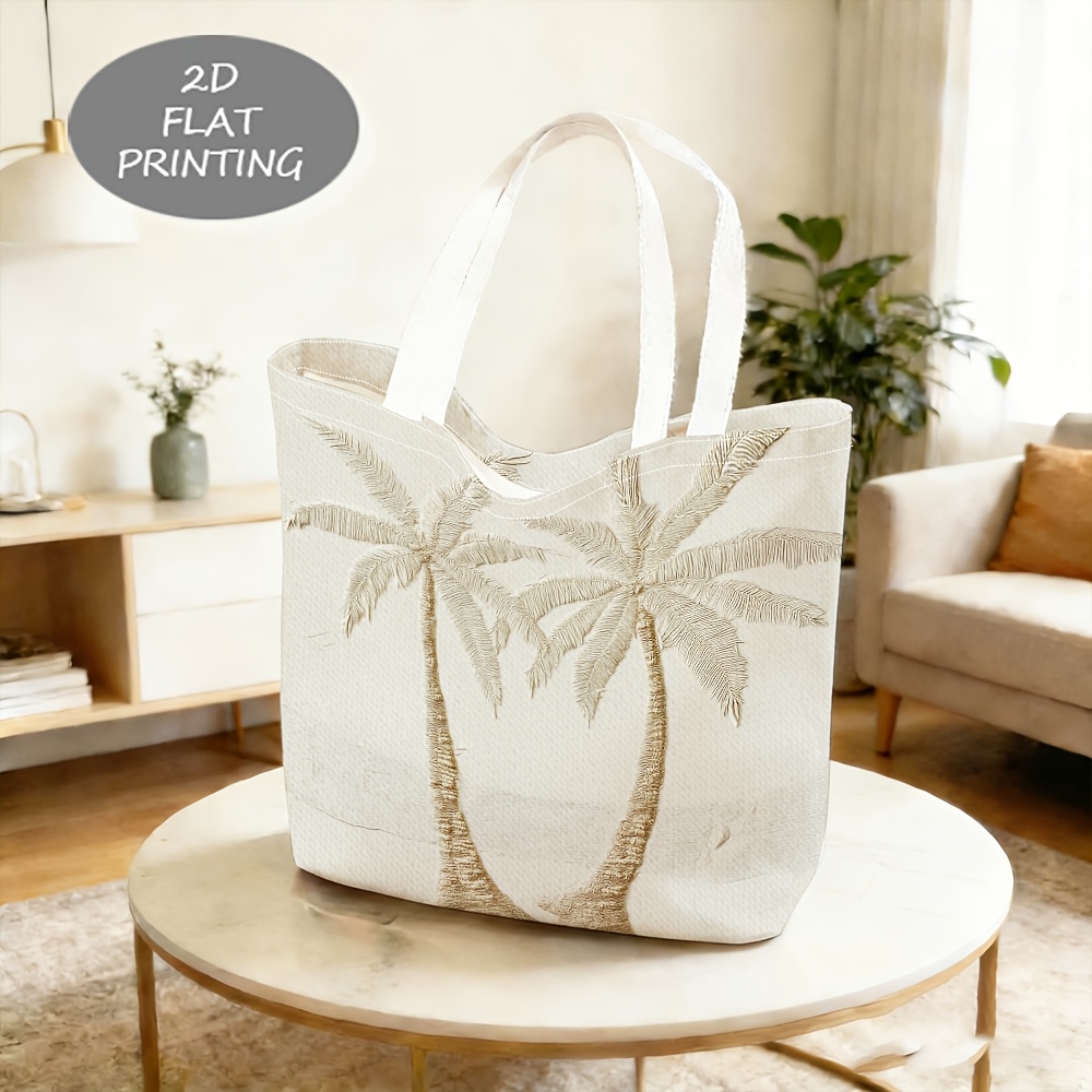 TEMU 1pc, Women's Shoulder Bag, 2d Flat Palm Tree Beach Scene Themed Printed Pattern Shoulder Bag, Exquisite Shopping Bag, Fashion Casual, Suitable