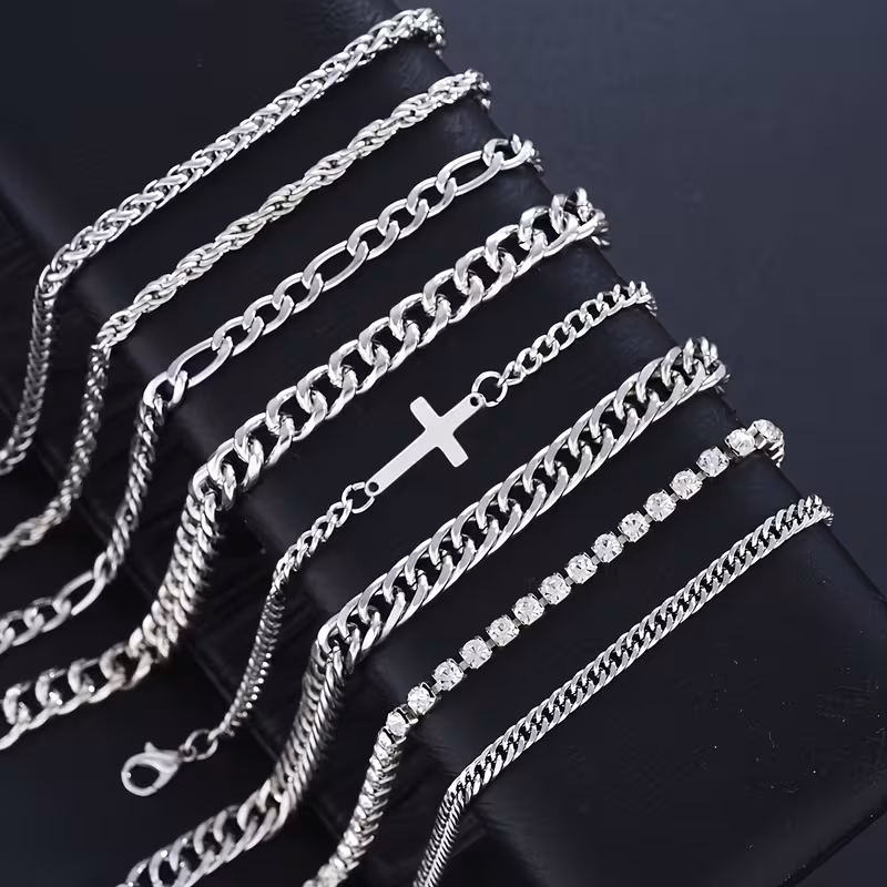 8pcs minimalist hip hop style stainless steel hollow cross chain bracelet set suitable for sports dates gifts parties and casual wear Product details 4
