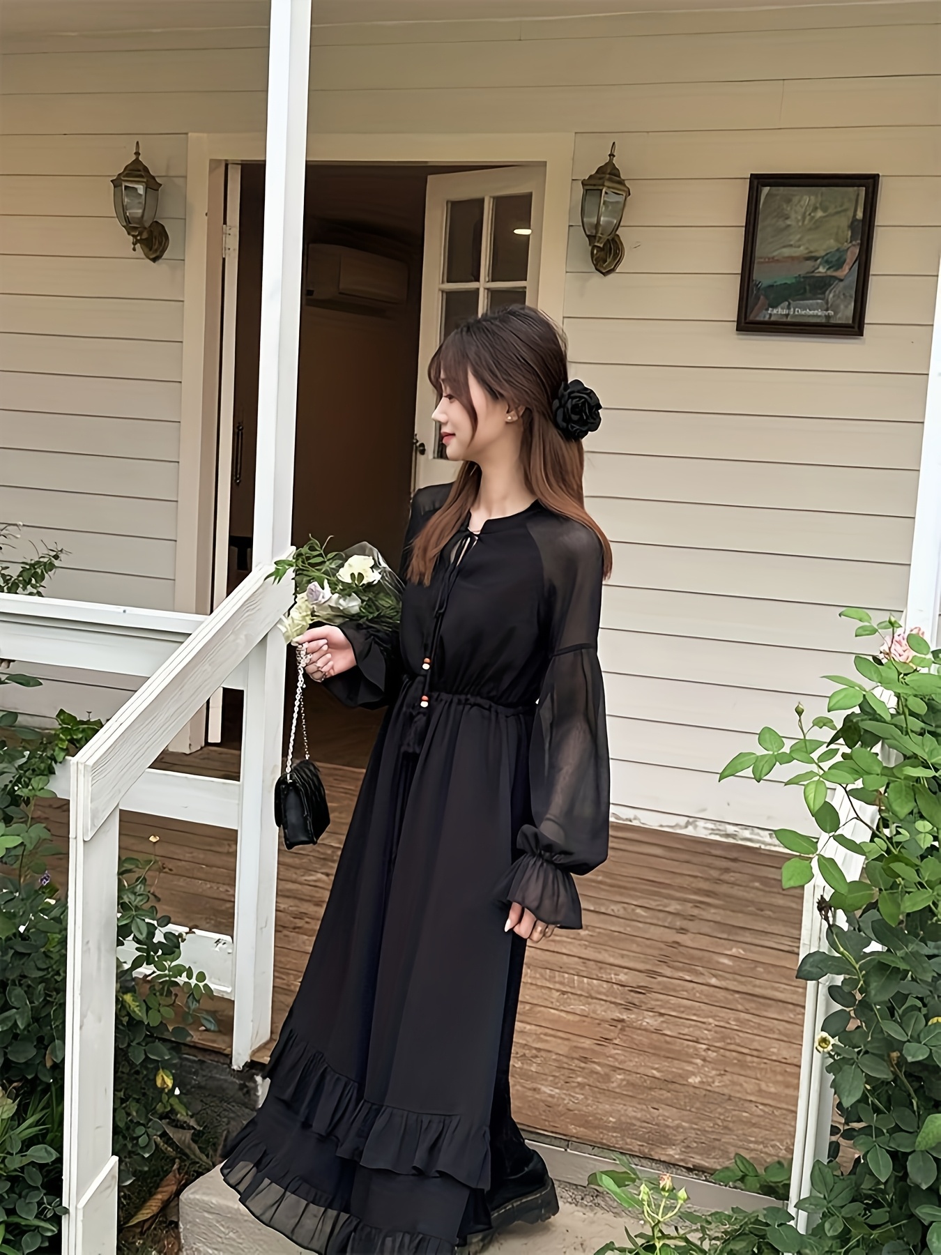 Women's Elegant Floral-like Formal & Everyday Dress - Long Flowy A-Line Skirt with Waist Tie, Machine Washable Women's Dress for Parties, Office, Dates - All-Season Chic Outfit, Date Night Look, Feminine Design, Comfortable Fit, Women