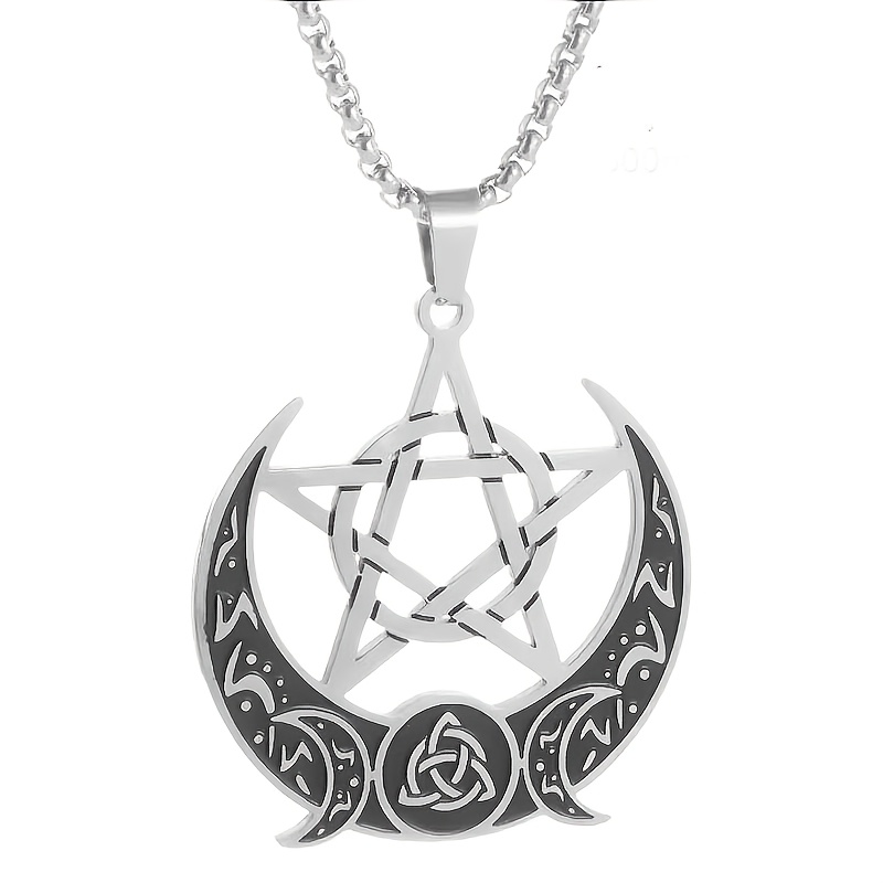 1pc Retro Celtic Knot Witchcraft Knot Star Moon Five-pointed Star Pendant Necklace, Men And Women High Quality 304 Stainless Steel Nordic Viking Jewelry Accessories