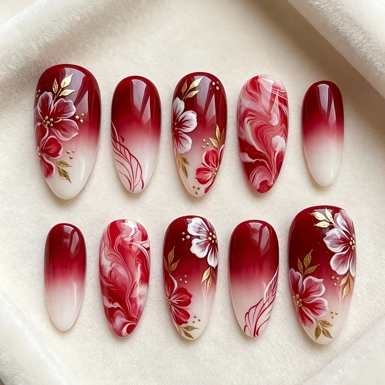 TEMU 10pcs Light Luxury Wine Red Gradient Hand-painted Floral Bridal Detachable Press On Nails