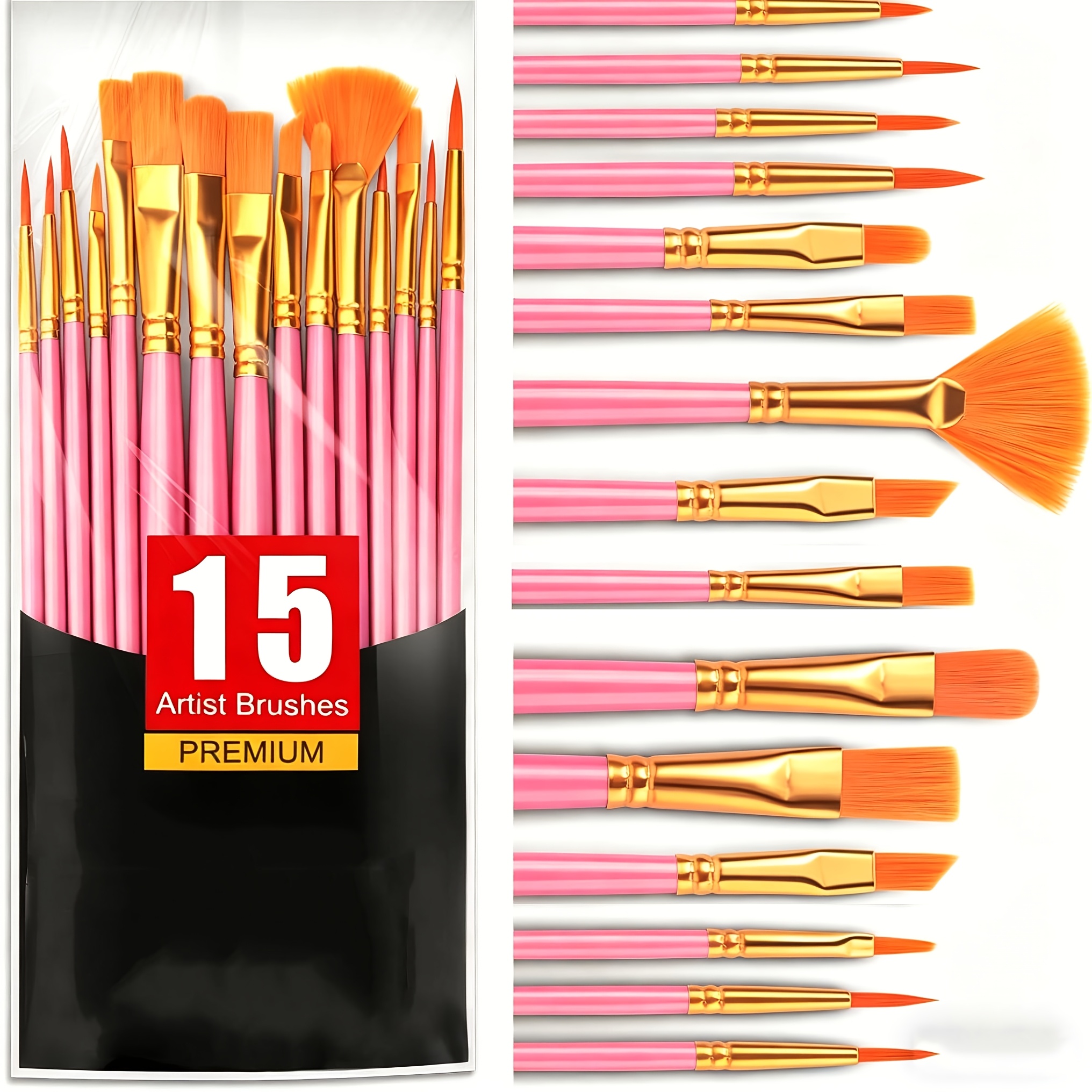 TEMU 15pcs Brush Set, Synthetic Hair Brushes With Plastic Handles, Medium Tip, Lightweight, Suitable For Acrylic, Oil Painting, Watercolor, And Rock