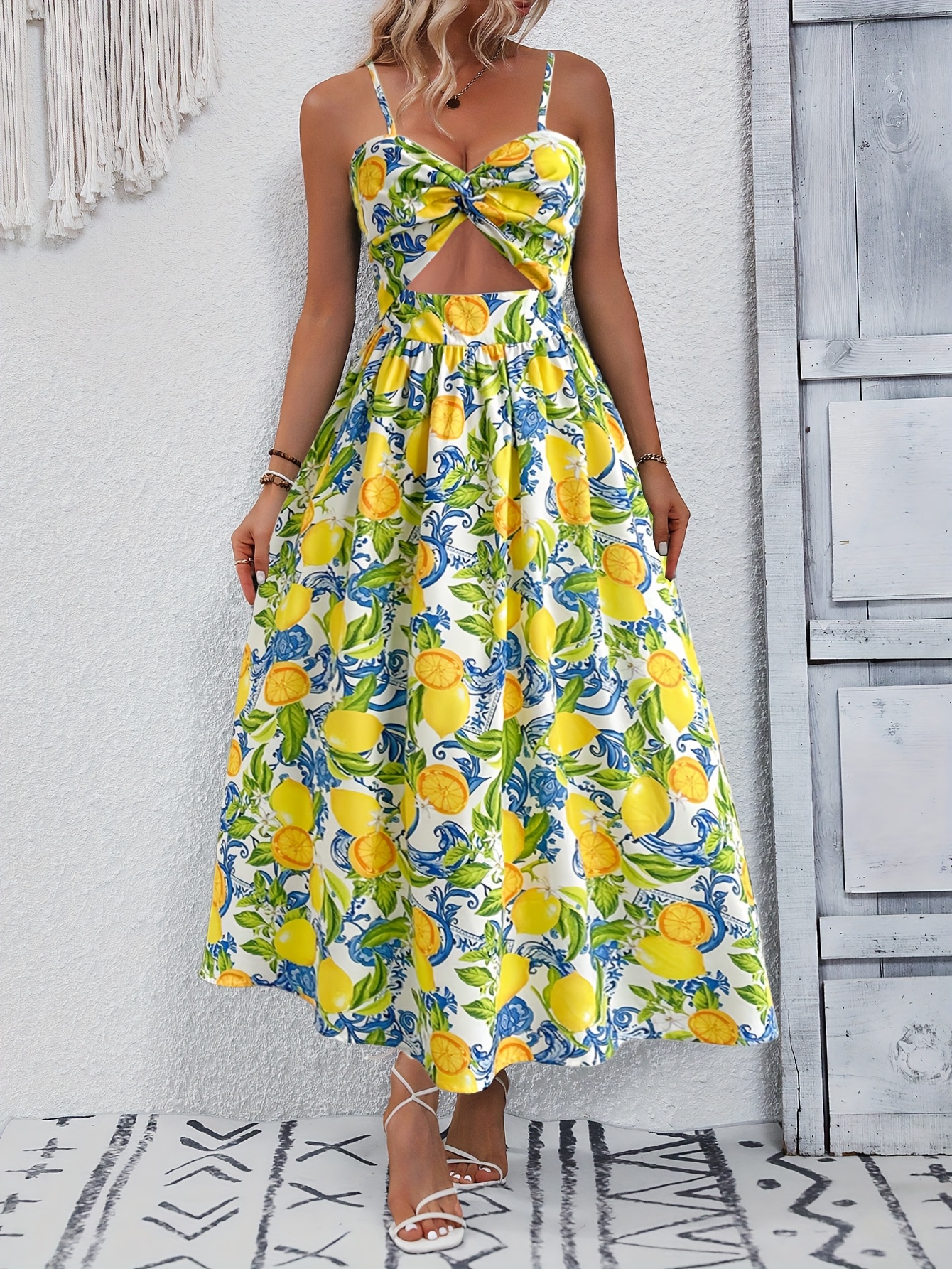 Women's Elegant A-Line Lemon Print Spaghetti Suspender Dress Vibrant  Yellow with Casual Vacation Beachwear, Hand Wash/Dry