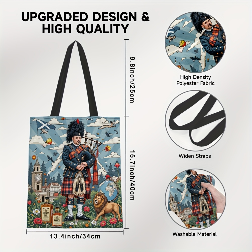 TEMU Single Piece, Two-dimensional Flat Printed Tote Bag With A Scottish Theme, Stylish Shopping Bag, Gifts, Holiday Presents, Party Supplies, And