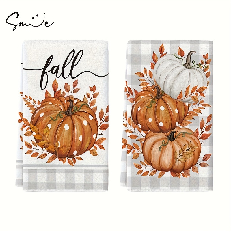 

Sm:) Buffalo Plaid Pumpkin Leaves Fall Kitchen Towels Dish Towels, 18x26 Inch Seasonal Decoration Hand Towels Set Of 2