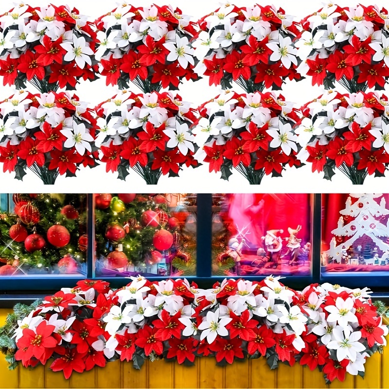 

28 Heads Artificial Poinsettia Flowers Bundle - 4 Bouquets Of Red And White Plastic Flower Bushes For Christmas, , Thanksgiving, Lei Day - Outdoor Holiday Wreath And Wedding Garden Decoration