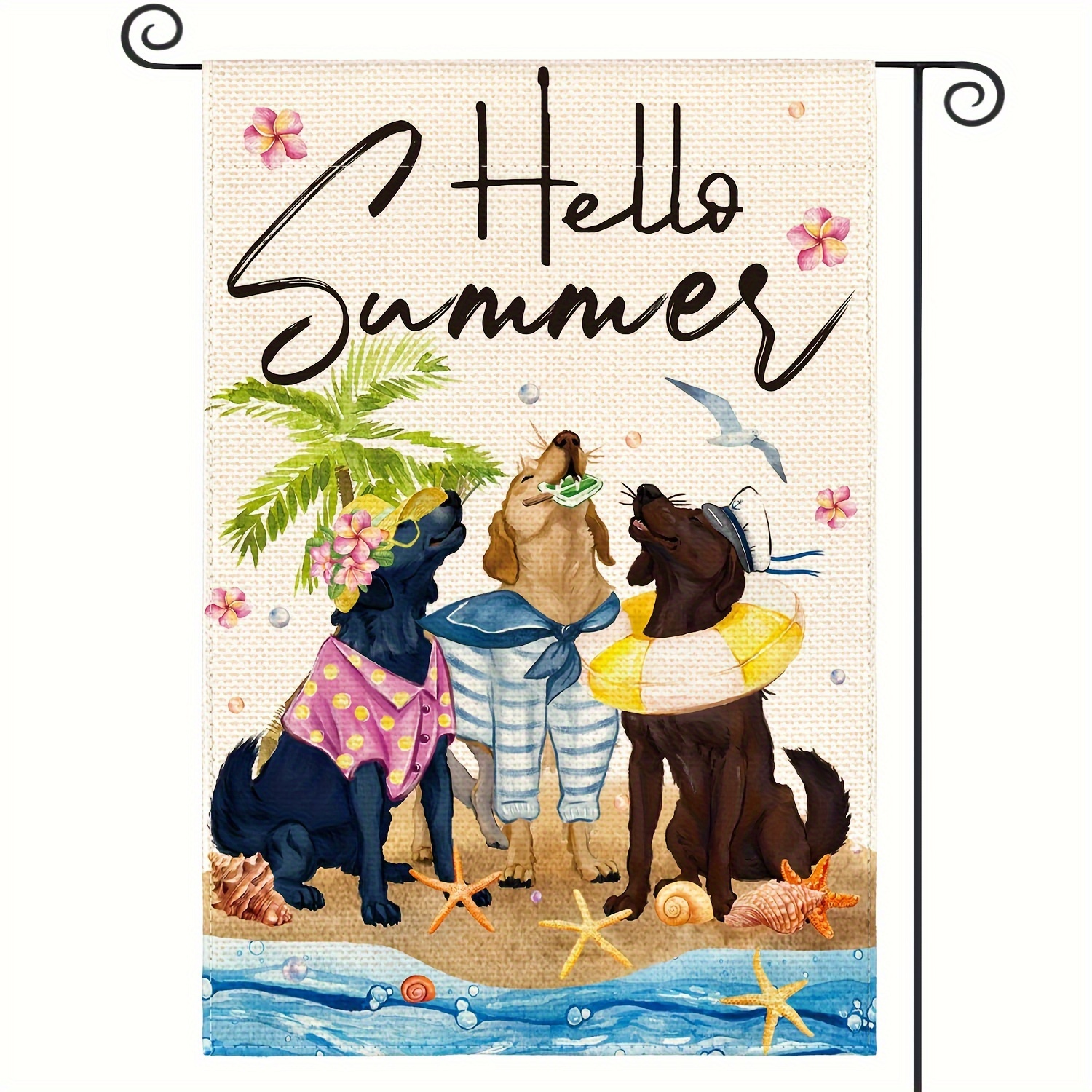 

Sm:)e Hello Summer Sea Beach Dogs Garden Flag 12x18 Inch Double Sided Outside, Floral Starfish Seasonal Holiday Yard Outdoor Decoration