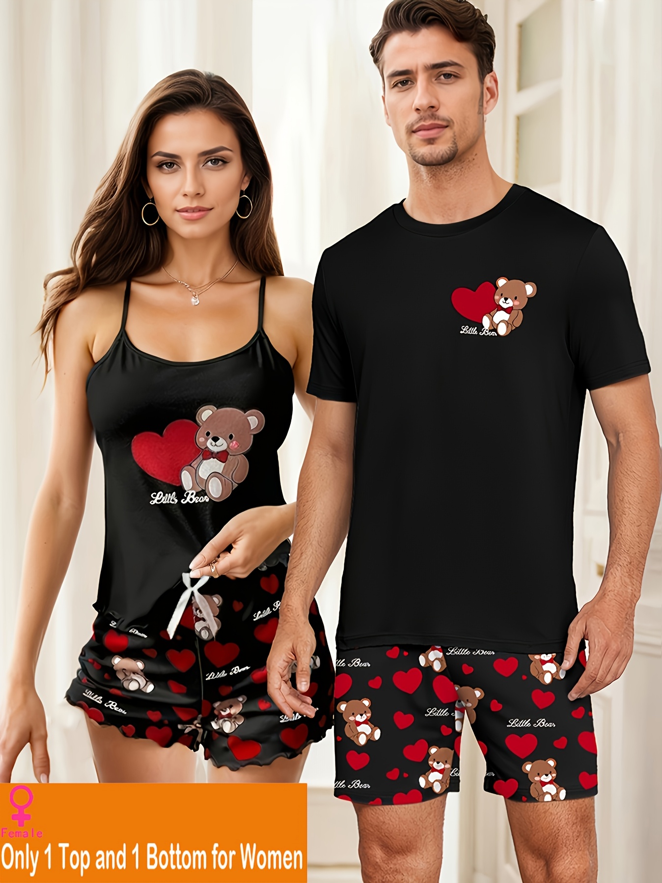 1 Top + 1 Pair of Pants Men/Women Couple Style Loungewear Set, Short Sleeve Long Pants Plaid Print Pajama Set, Men's Short Sleeve Shorts or Women's Camisole Shorts