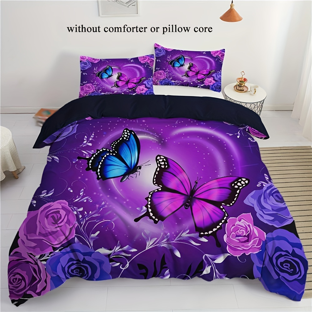 

2/3pcs Blue Purple Rose Bedding Set Duvet Cover Set Blue Purple Butterfly Pattern Duvet Cover Purple Bedding Set For Country Bedding Decoration (1 * Duvet Cover+1/2 * Pillowcase, Coreless)