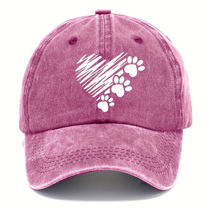Image of Vintage Washed Baseball Cap With Cat Paw Heart Print - Men's Distressed Gray Dad Hat, Hand-washable Textured Fabric, Casual Fit, | Design|viscose Material, Baseball Cap