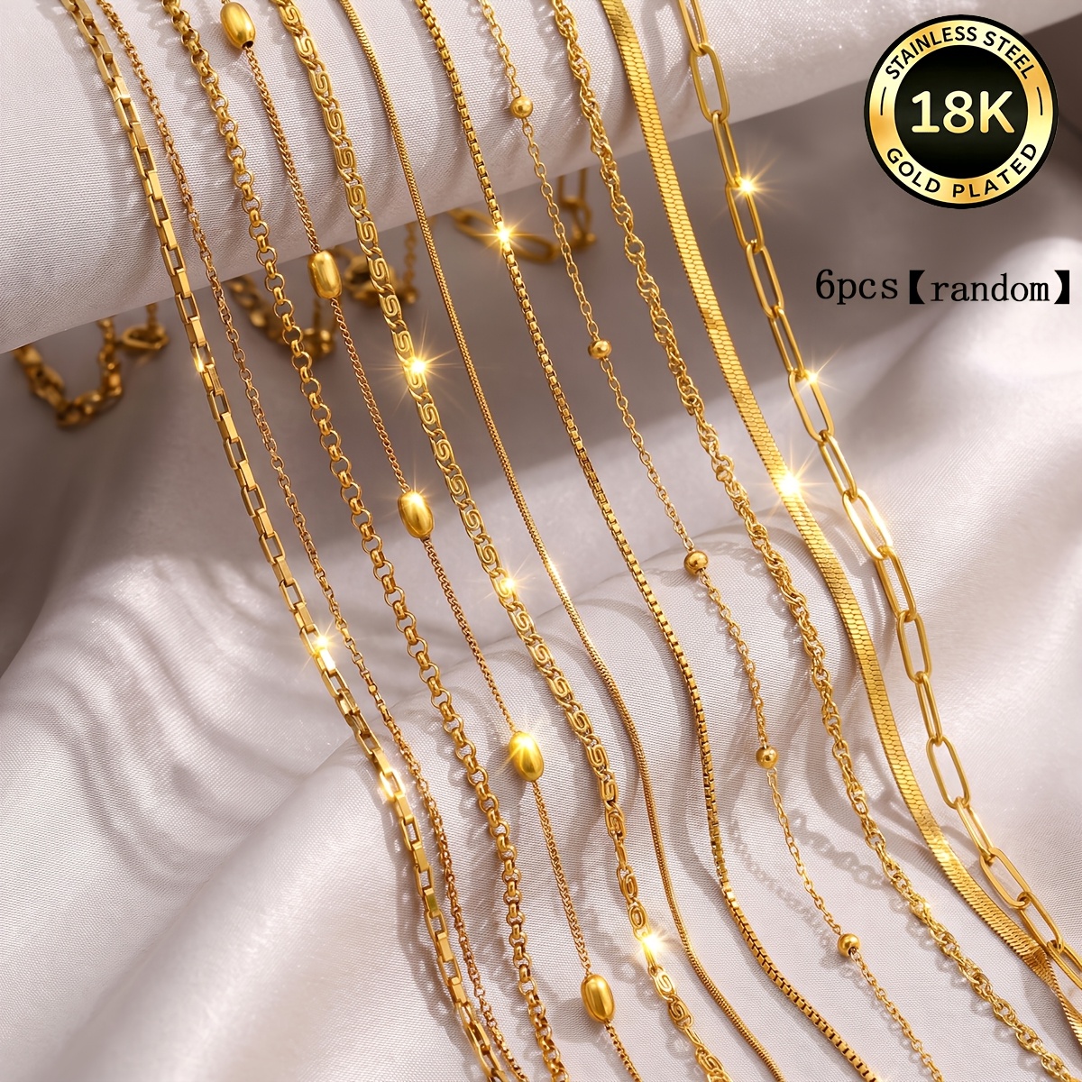 TEMU 6pcs Set Of Assorted Styles, High-quality 18k Gold-plated Stainless Steel Adjustable Fashion Necklaces. Chain Length: 45 5cm/17.7 1.96 Inches.
