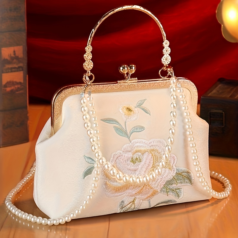 TEMU Elegant Floral Embroidered Clutch - Traditional Chinese Style, Polyester, Beige With Pattern, Snap Closure, Fashionable Women's Accessory, Non-washable