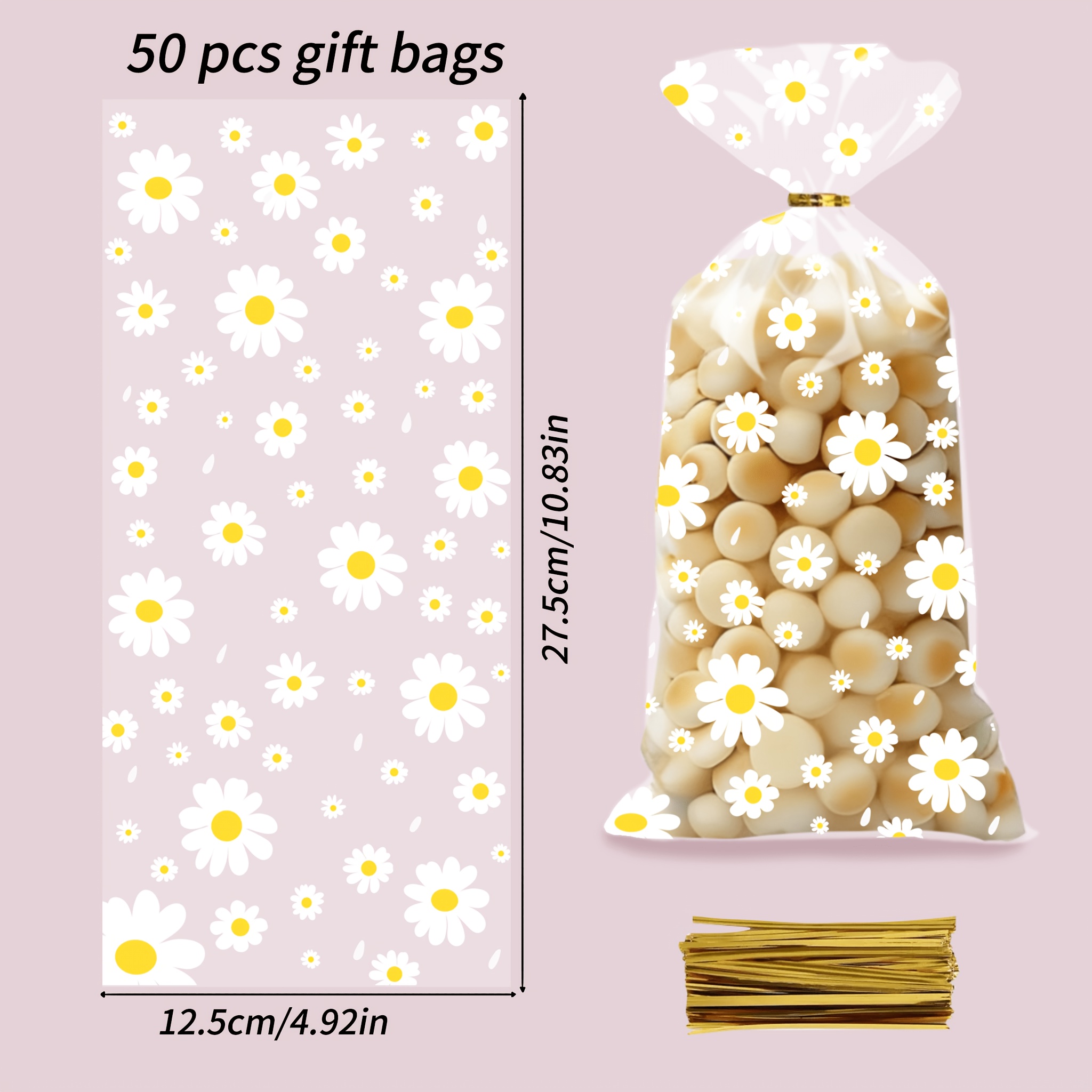 TEMU Regalo /Lui 50 pezzi Sacchetti regalo gialli e con di margherita, sacchetti di carta vetro in plastica per confezioni regalo, con nastro