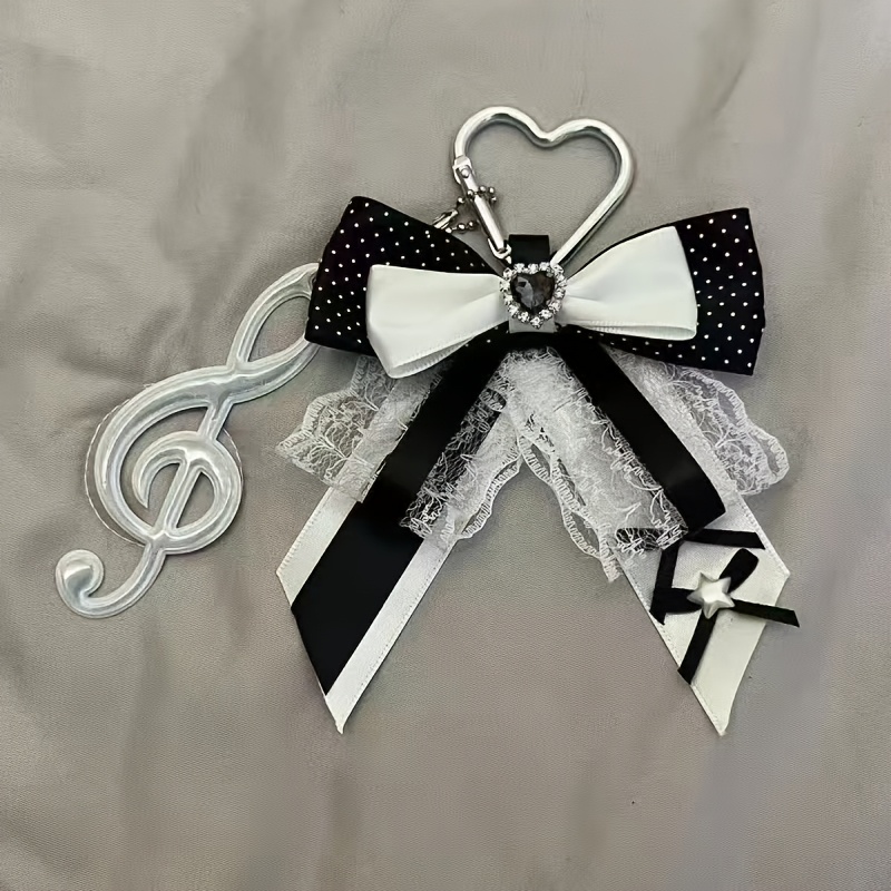 TEMU An Elegant Musical Note Bow Keychain, Exquisite Black And White Lace Polka Dot Key Chain, Cute Kawaii Women's And ' Bag Additions, Aesthetic