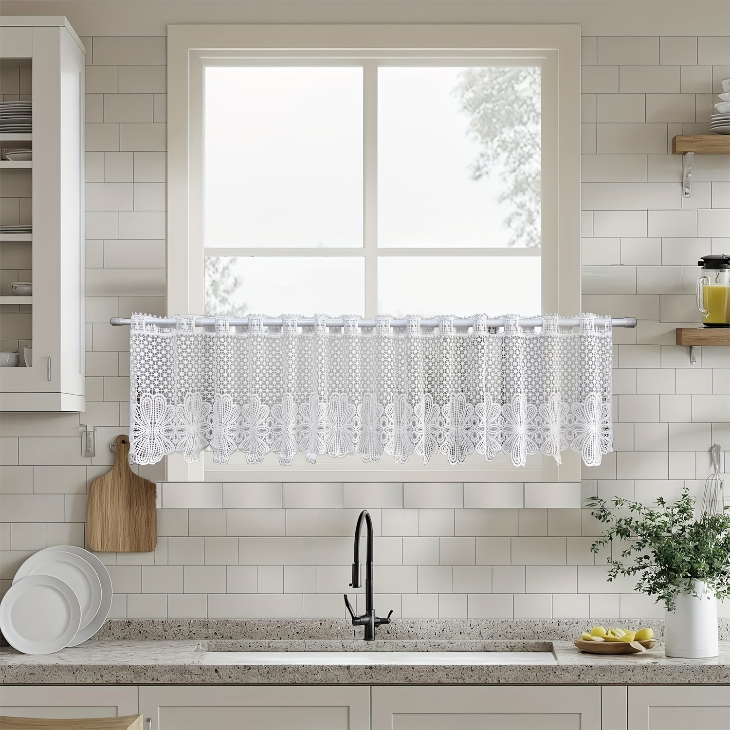 1pc Modern White Lace Floral Hollow Short Curtain For Kitchen Small Window Study Cabinet Home Decoration Blinds