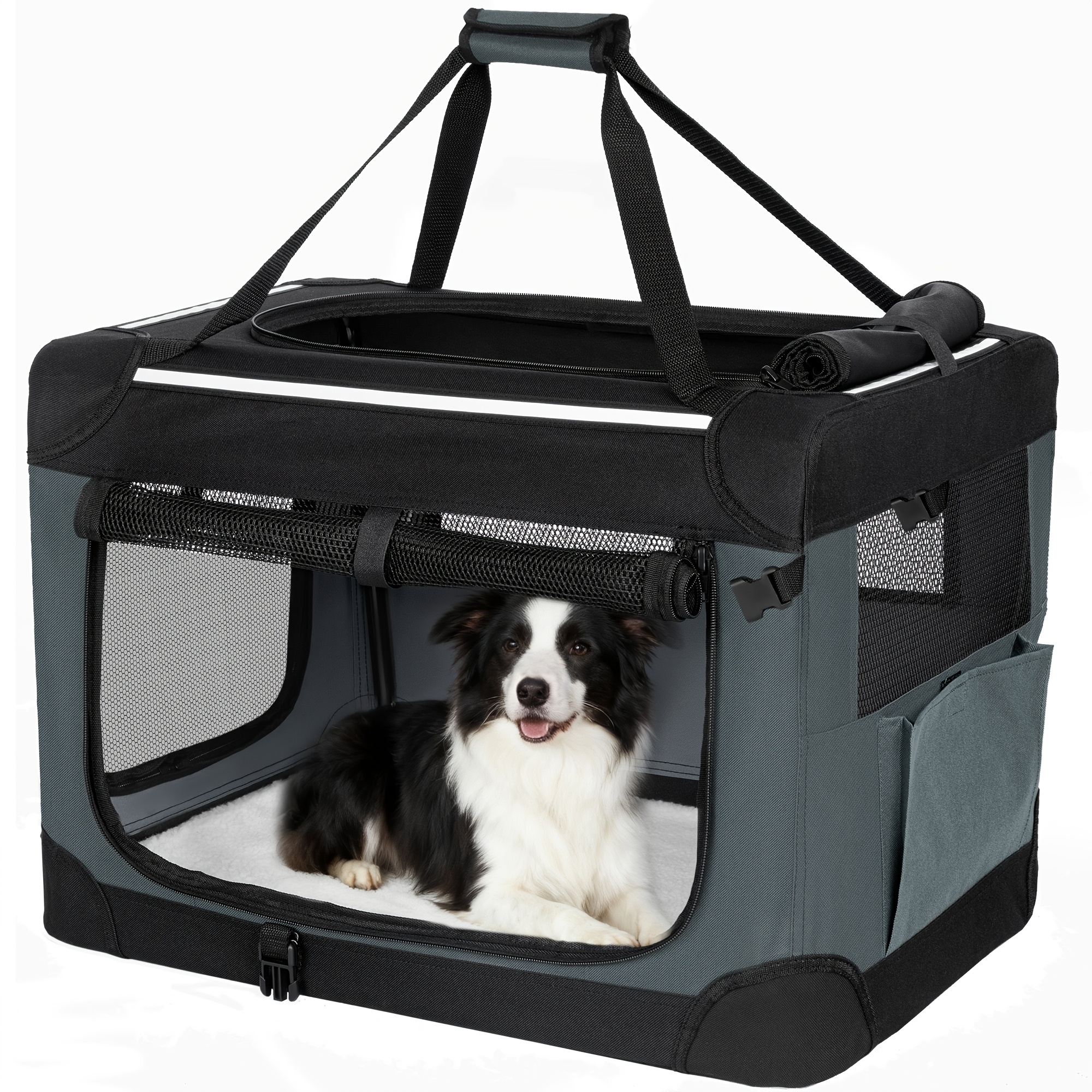 Image of Foldable Dog Carrier, Portable 3-door Foldable Travel Dog Crate, Breathable With Removable Mat And Side Storage Pocket, Indoor And Outdoor Use, Grey, 91.4 .5 .5 Cm
