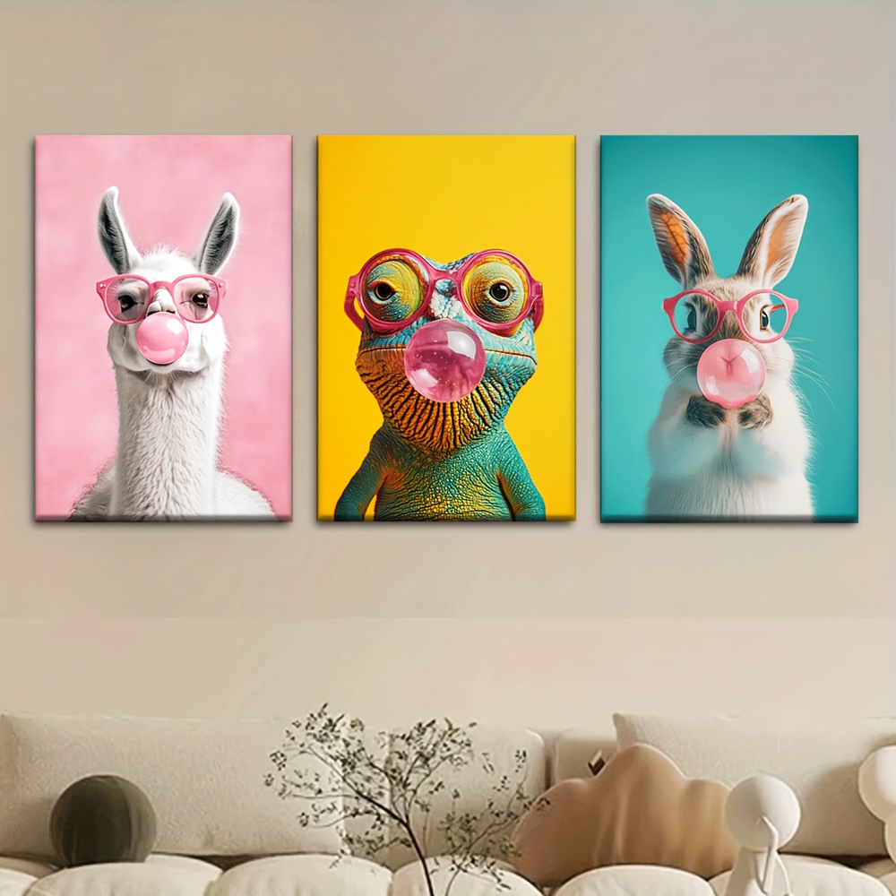TEMU 3pcs Canvas Art Set - Unframed, Cute Alpaca, Lizard, Rabbit Bubblegum Designs - Vibrant Modern Abstract Wall Decor For Living Room, Office, Cafe