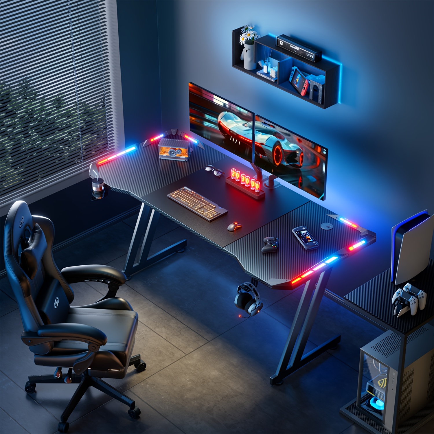 HOME DESK Gaming Desk With LED Lights Carbon Fibre Surface Gaming Table Large Computer Desk Ergonomic Home Office Desks Z Shaped PC Gamer Workstations With Headphone Hook & Cup Holder