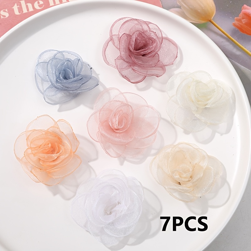 Image of 7pcs (7pcs) Frayed-edge Tulle Roses Suitable For Diy Crafts, Wedding Decorations, Accessories - Handmade Woven Artificial Flowers With Realistic Rose Petals For Hair Clips,, Bridal Bouquets -