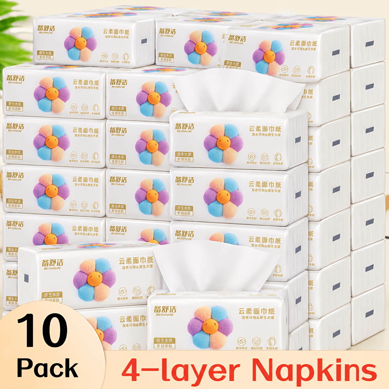 TEMU Total 3000 Sheets 10 Packs, Ultra Soft 4-ply Facial Tissues, Thickened Unbleached Disposable Napkins, Soft And Absorbent, For Home, Hotel,