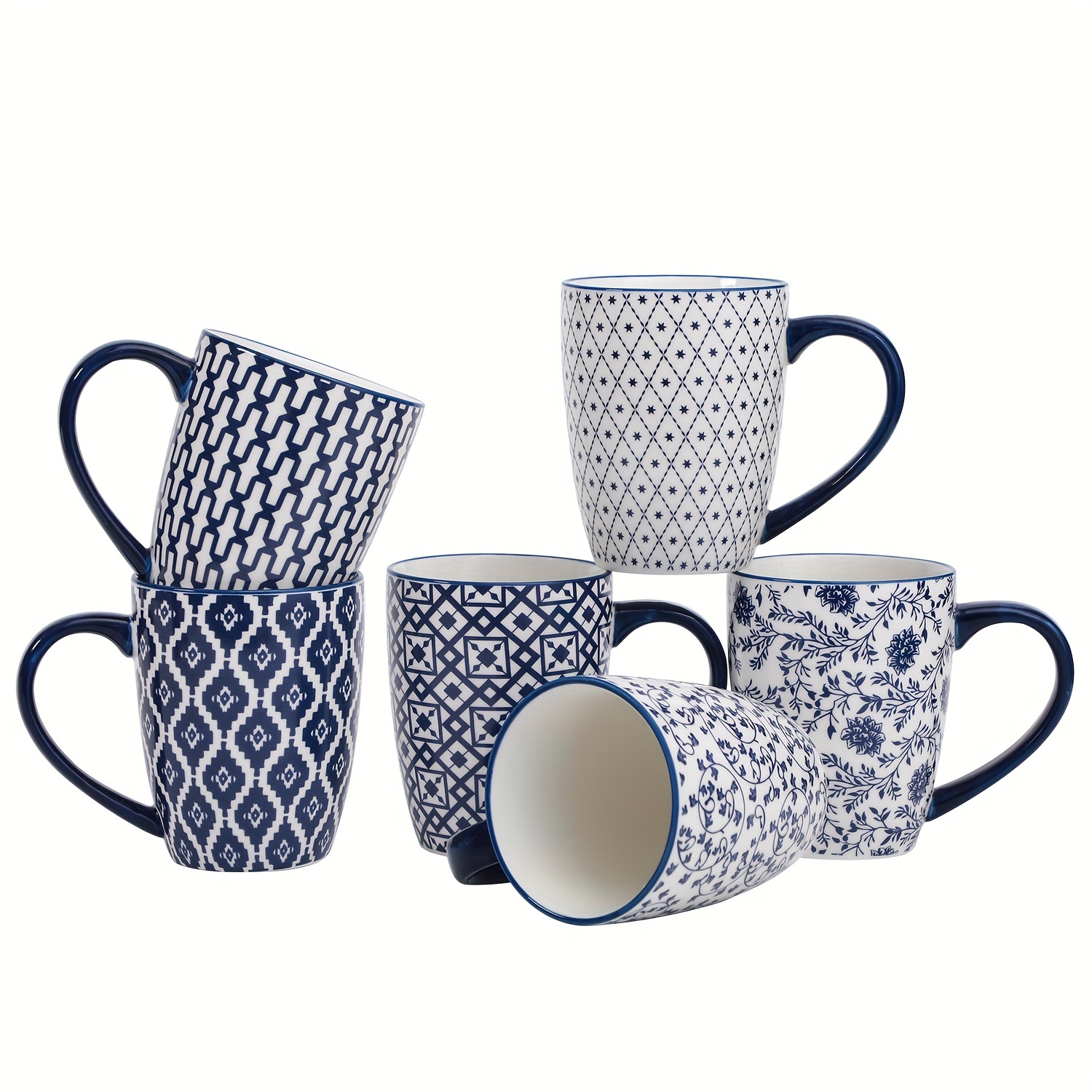 

6pcs, Cerkik Ceramic Coffee Mugs Set, 16 Ounce Large Porcelain Tea Cups With Handle For Women, Men, Latte, Cocoa, Cappuccino, Gift, Christmas, Housewarming, Microwave Dishwasher Safe, Vintage Blue